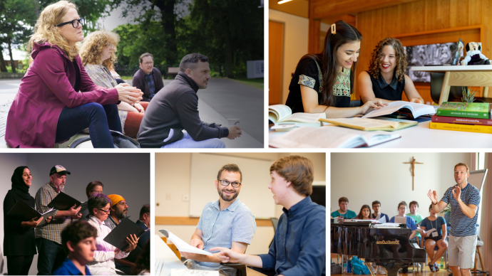 A collage of faculty fellows with their collaborators or action shots of faculty fellow's teaching or their projects